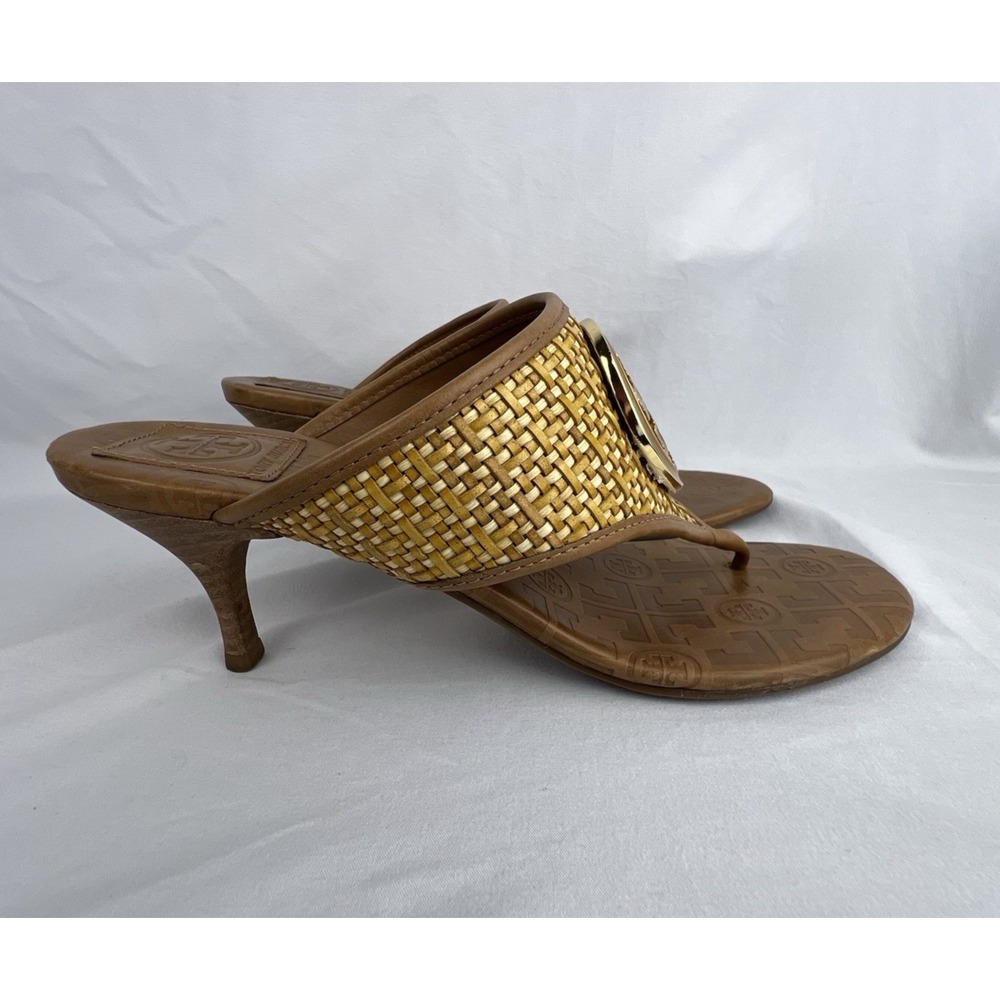 TORY BURCH Miller Leather Lining Woven Raffia Thong Heels Brown Gold Size 9M